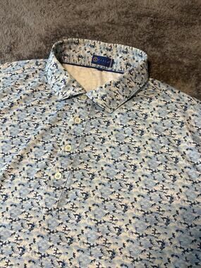 Stitch Golf Polo Men's XL Sky Blue Navy All-Over Coral Branch Print EUC